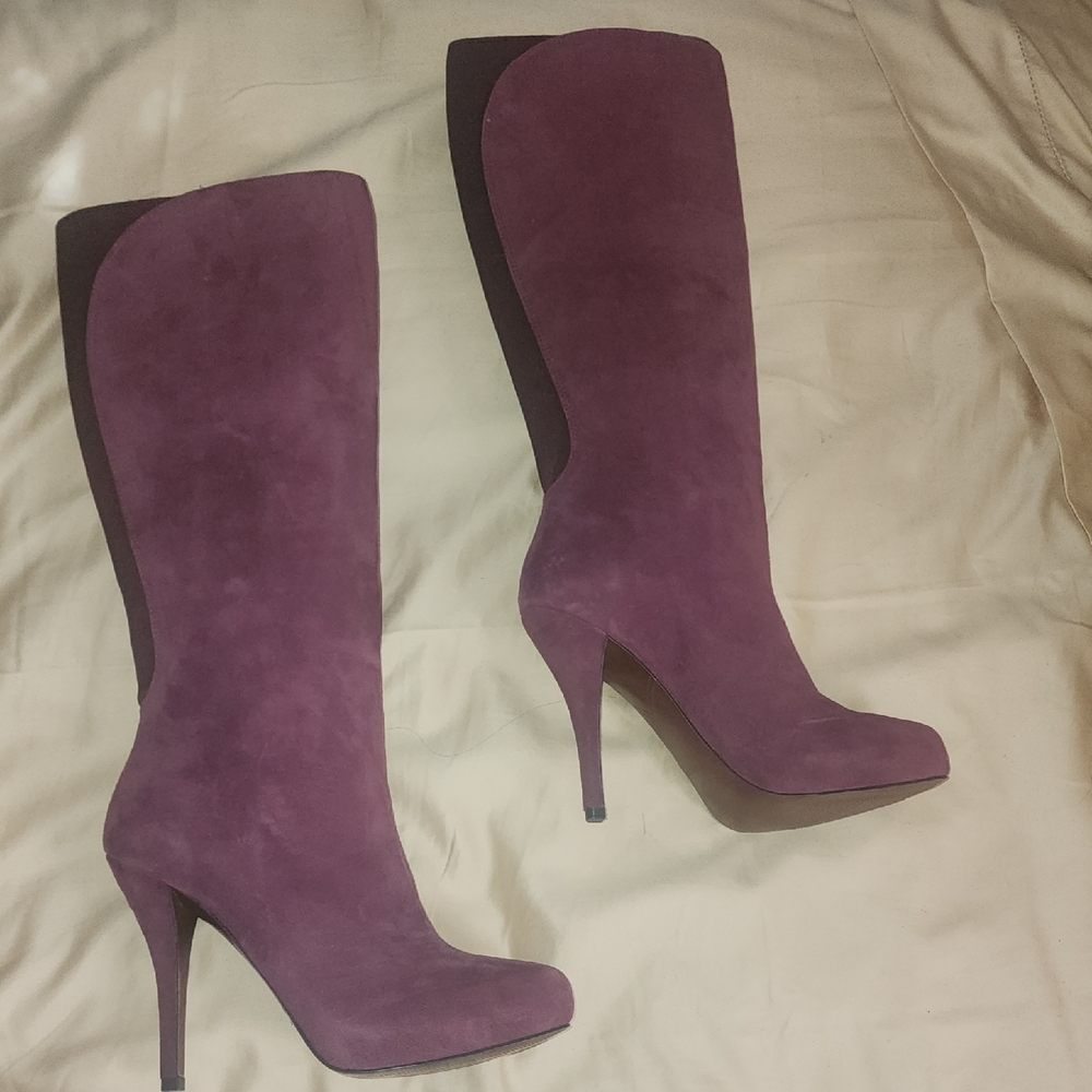ENZO NWT REAL SUEDE BURGUNDY HIDDEN PLATFORM STRETCH CALF KNEE HI BOOTS SZ 9